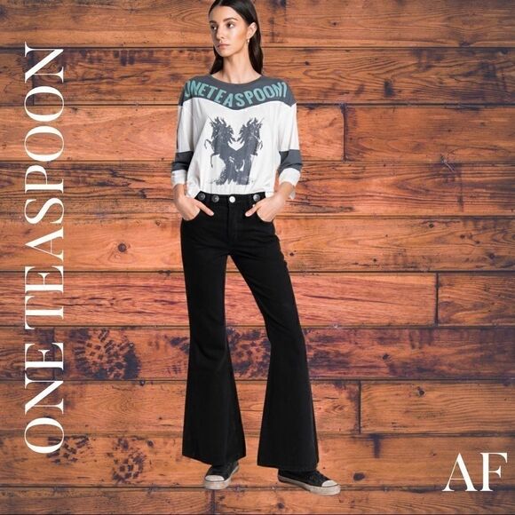 FREE PEOPLE ONE TEASPOON CONCHO MARINES MID RISE EXTREME WIDE BLACK NEW NWT - Picture 3 of 12